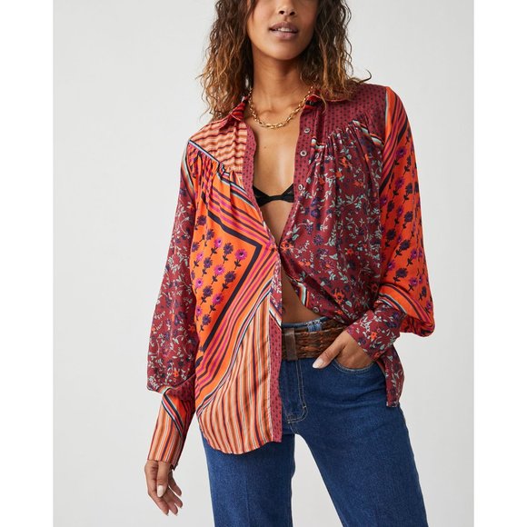 COPY - FREE PEOPLE Hazel Buttondown / Chili Pepper Combo - Picture 1 of 5